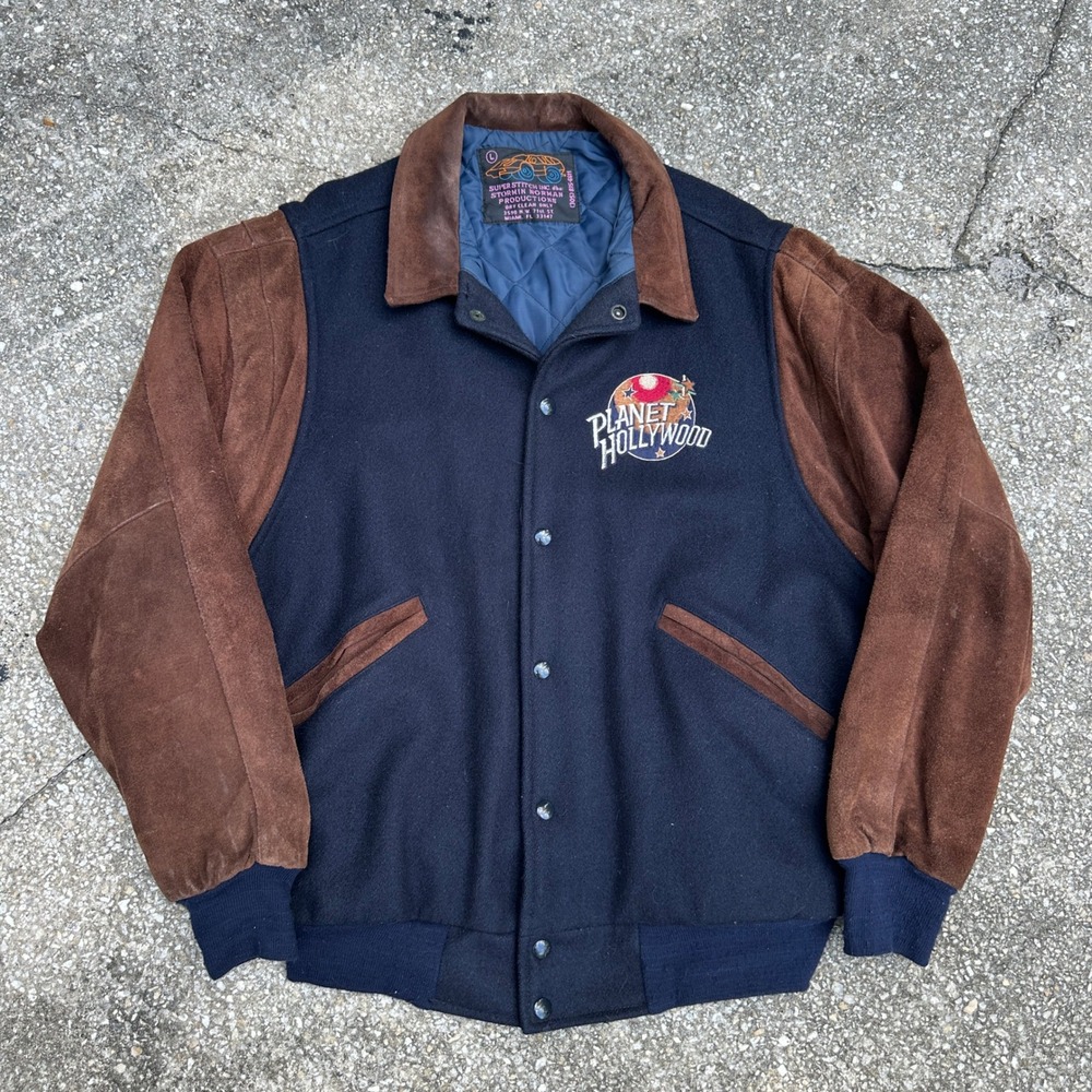 Vintage 90s Planet Hollywood Phoenix Varsity Jacket Navy Wool Brown Suede Large